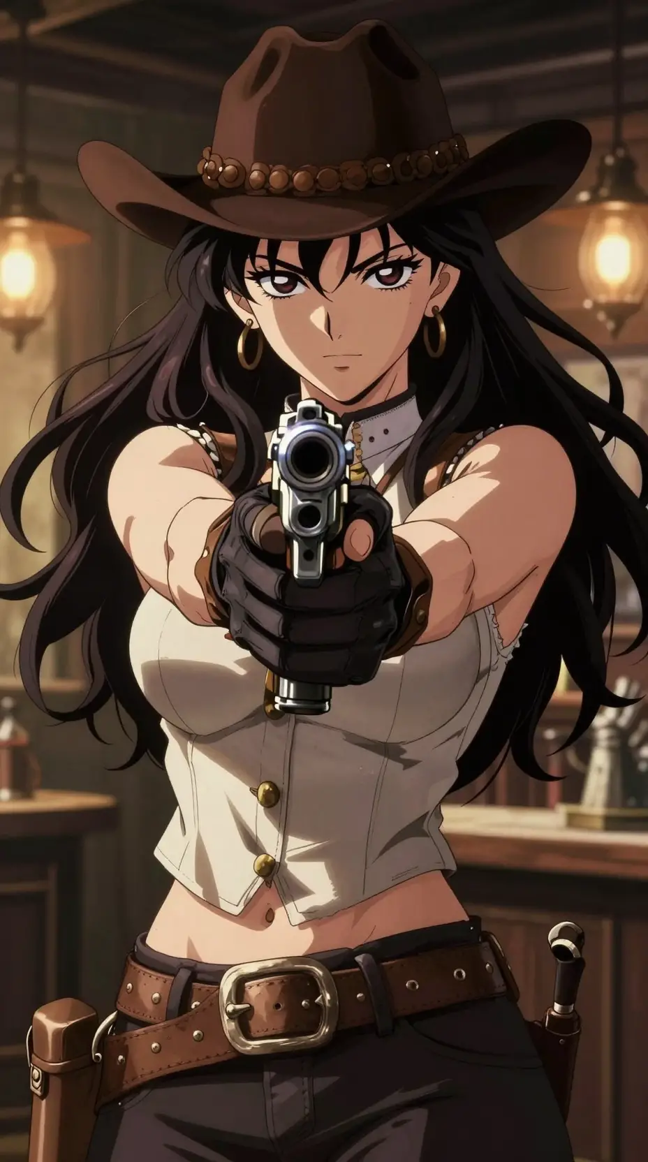 Cowgirl d’anime visant avec un revolver dans un portrait de saloon