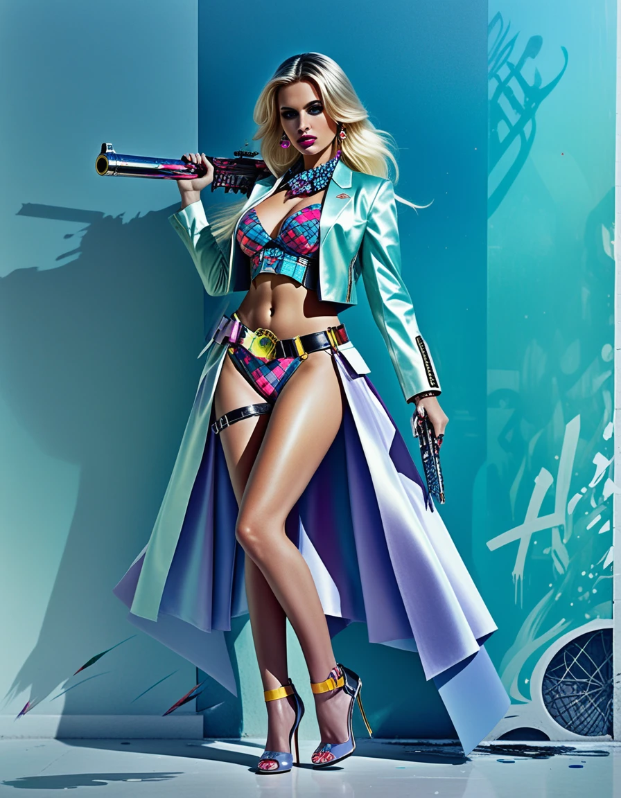 Mujer rubia seductora de cosplay en pose fantástica de cuerpo completo
