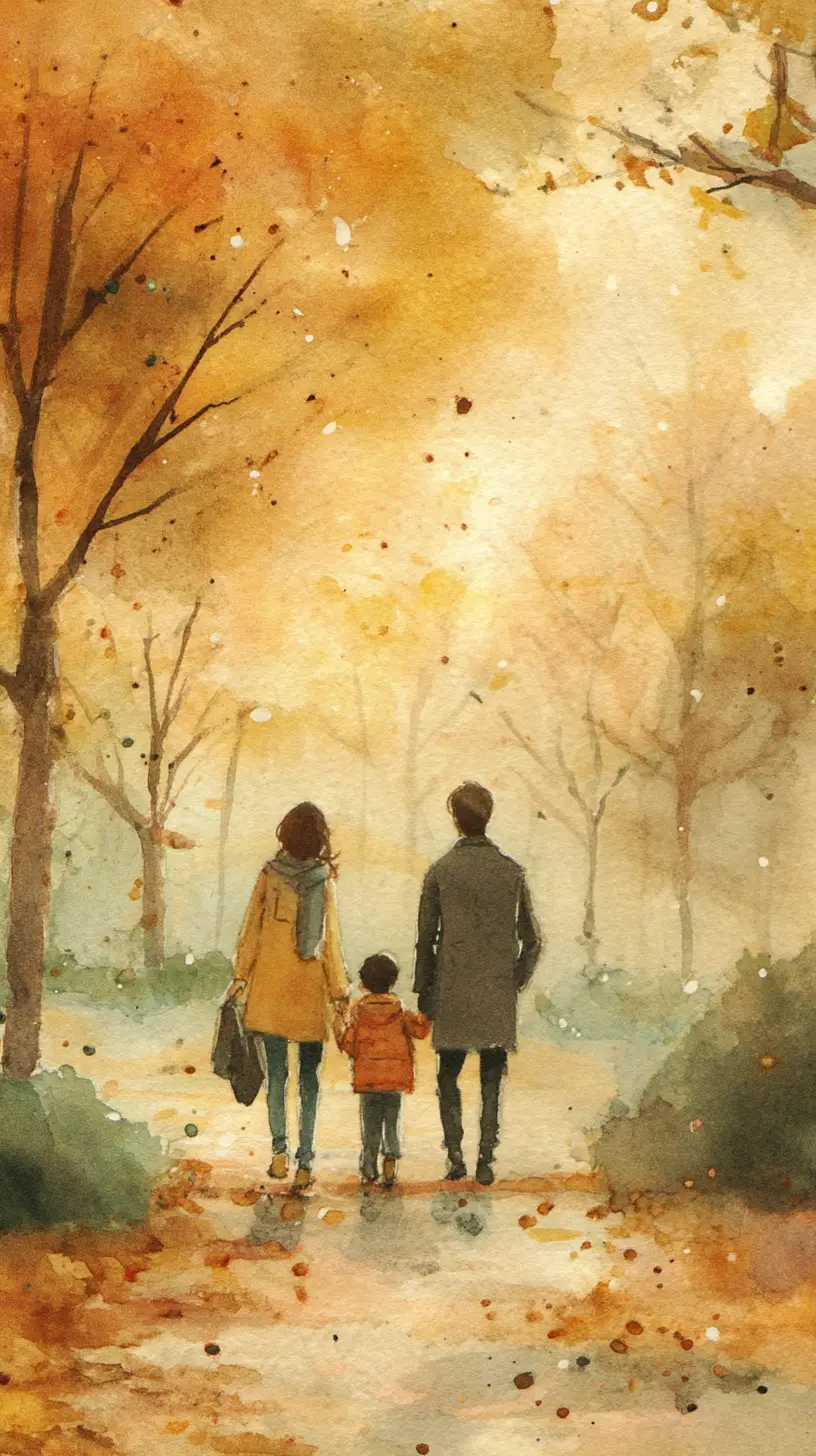 Autumn family walk along a leaf covered park path