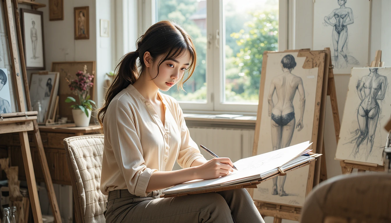 Joven artista asiática dibujando a la suave luz de la ventana