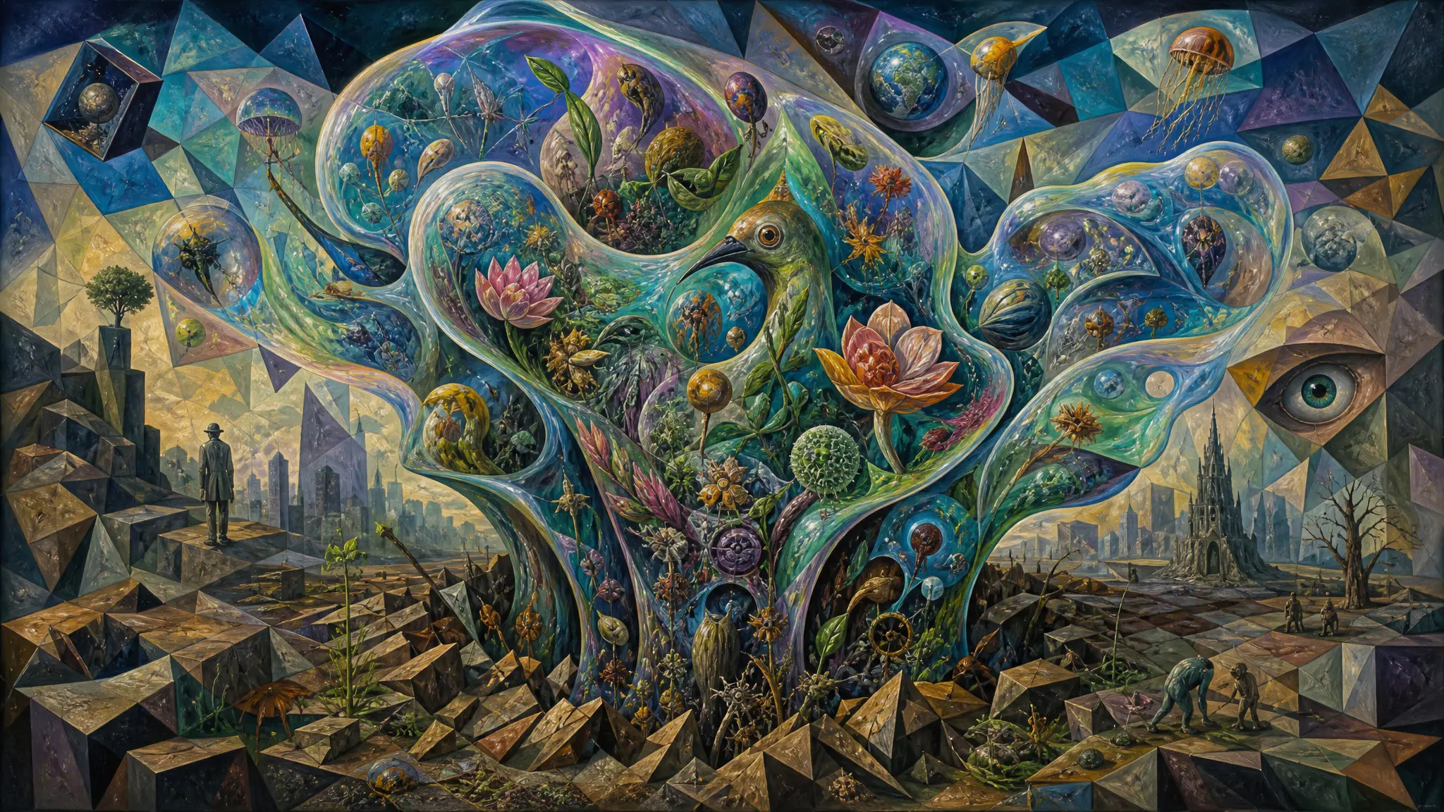 Surreal Jelly Erupting From Earth In Cubist Oil Vision