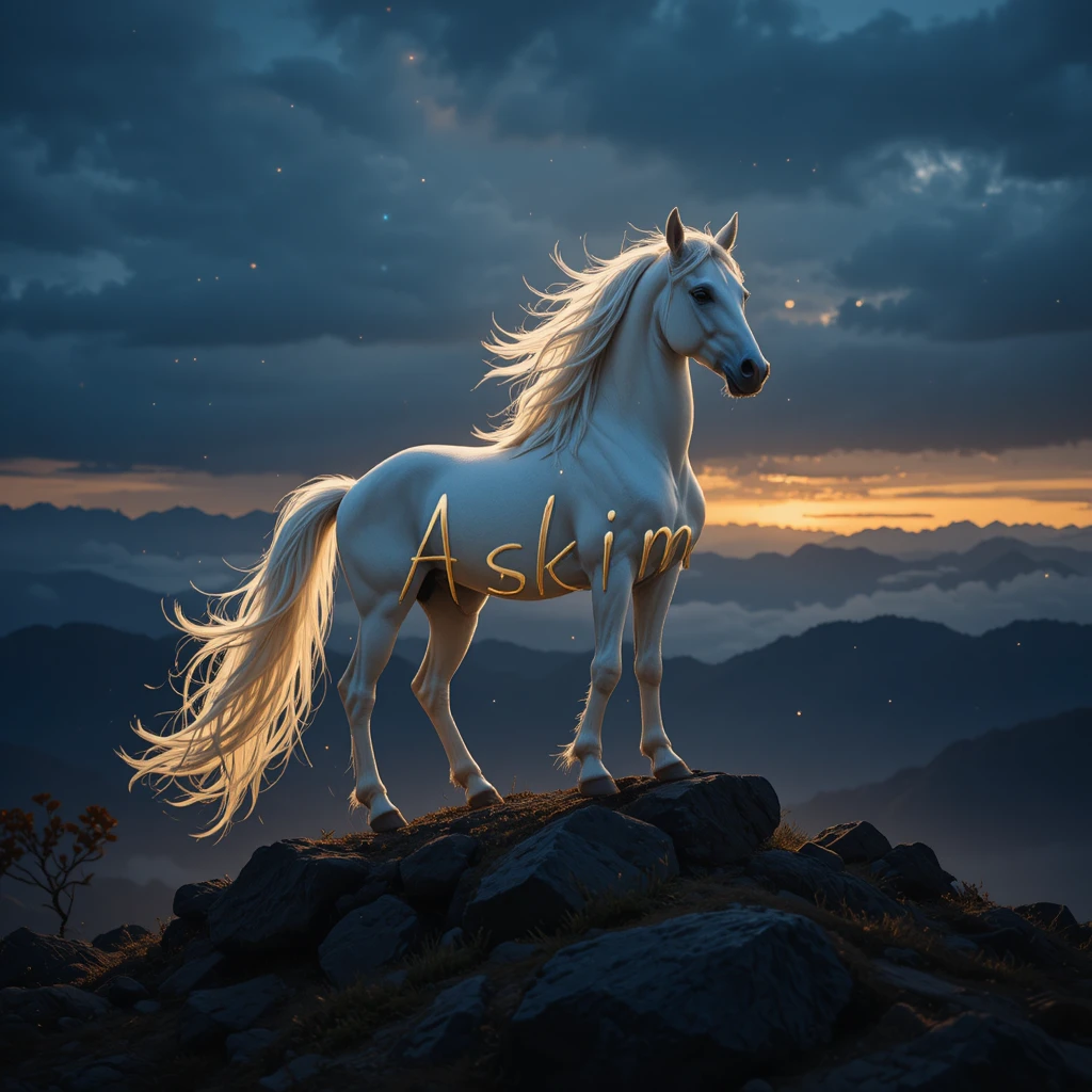Weißes Pferd auf felsigem Hügel bei leuchtendem türkischem Sonnenuntergang