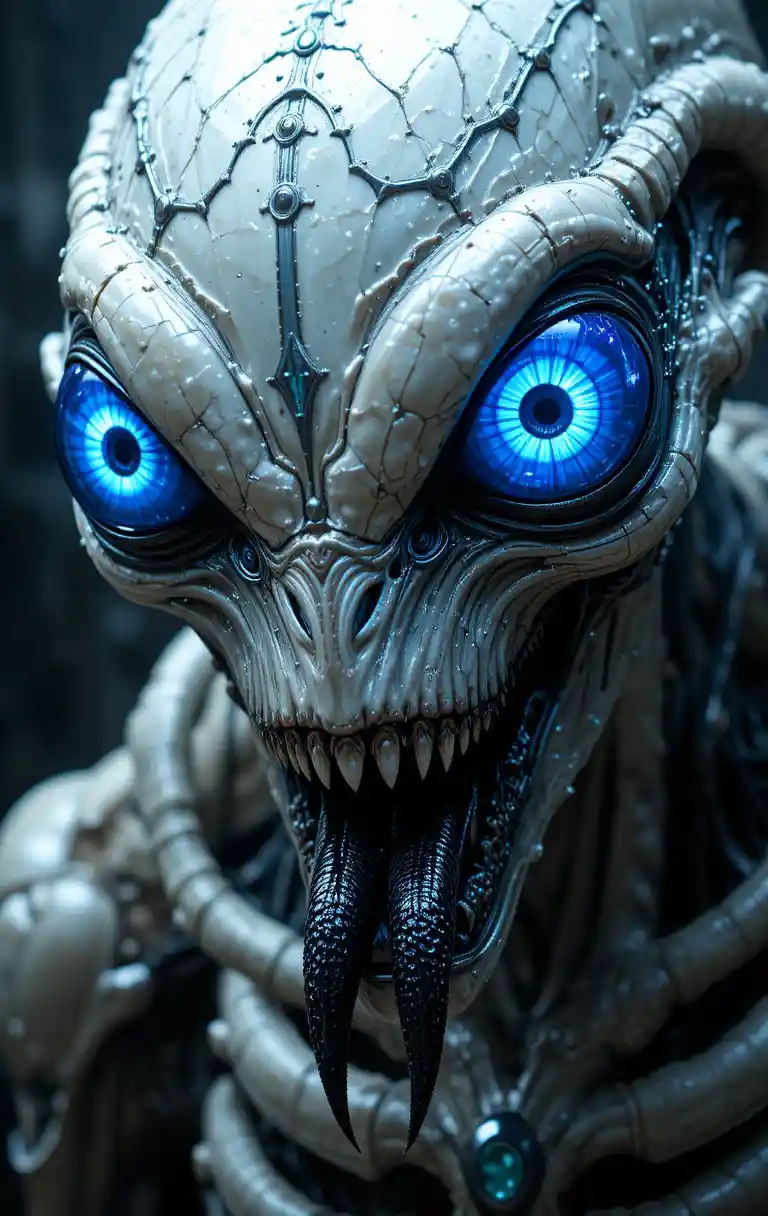 Mostro alieno orrendo con pelle metallica e occhi blu