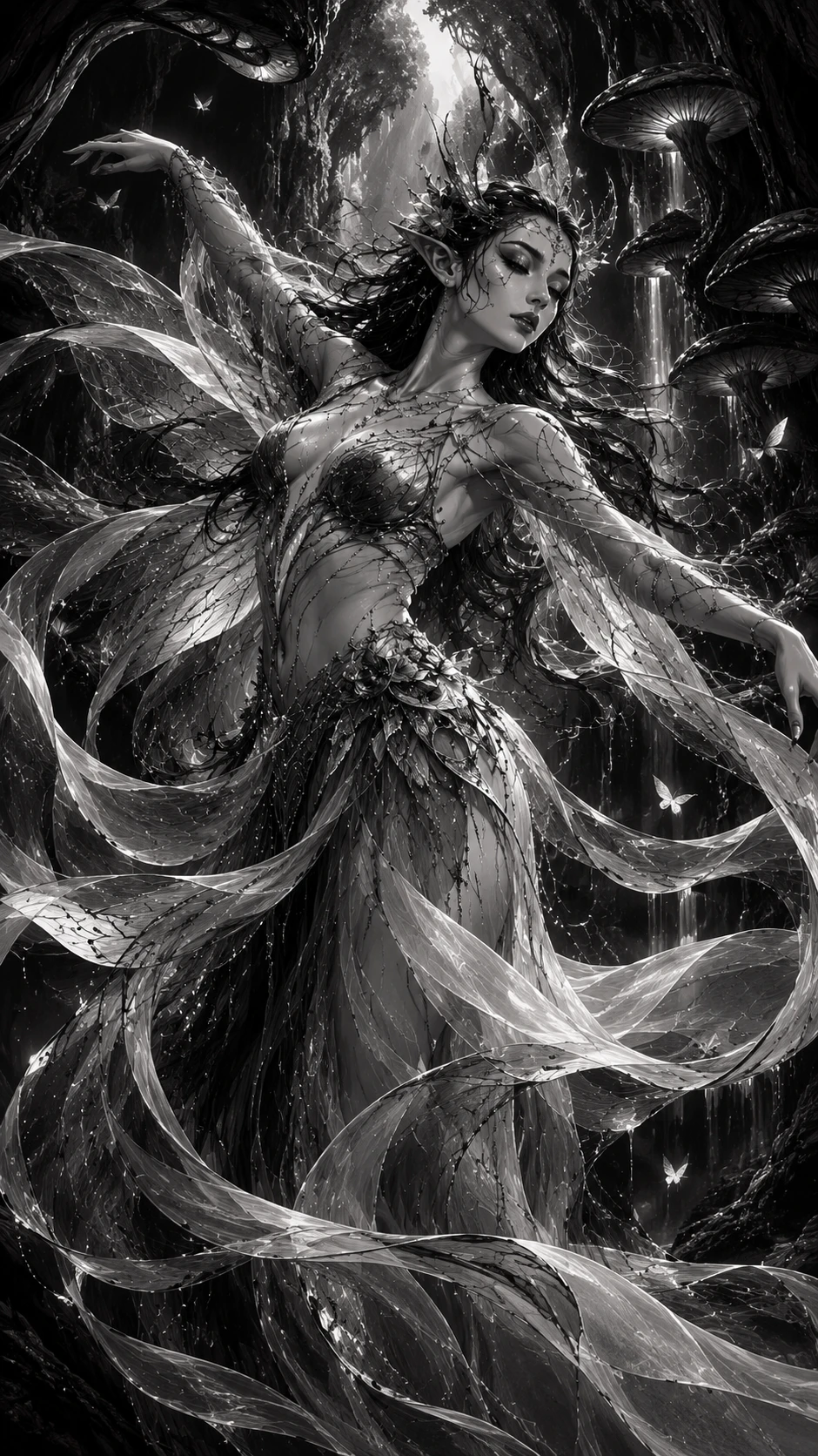 Dibujo de fantasía a tinta de alto contraste con distorsión gótica