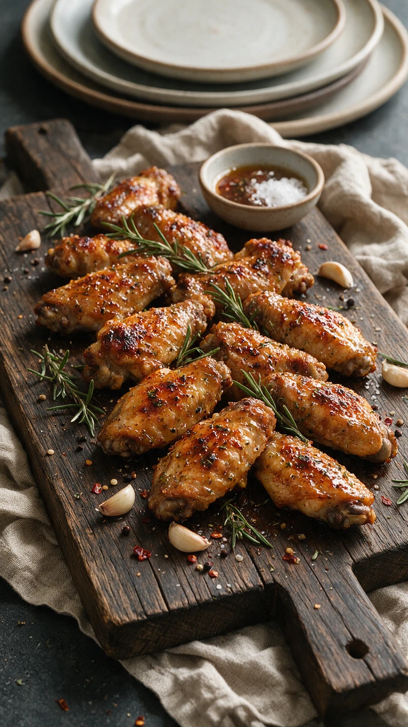 Alitas de pollo glaseadas sobre madera rústica con hierbas y salsas