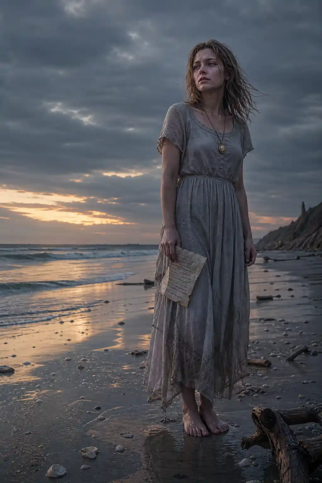 Joven mujer melancólica en una playa azotada por el viento al atardecer