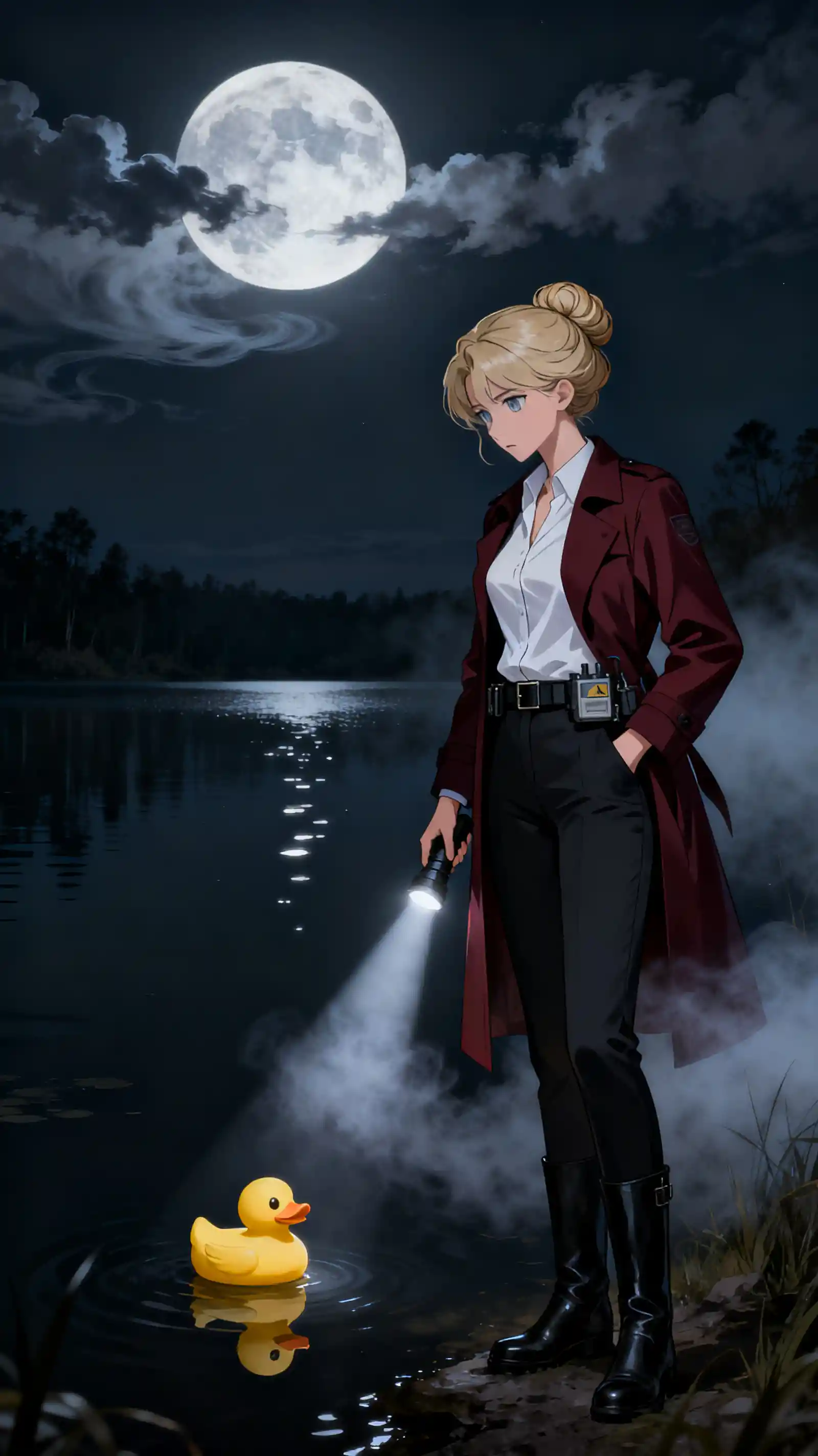 Detective femenina junto a un lago a la luz de la luna con un pato de goma