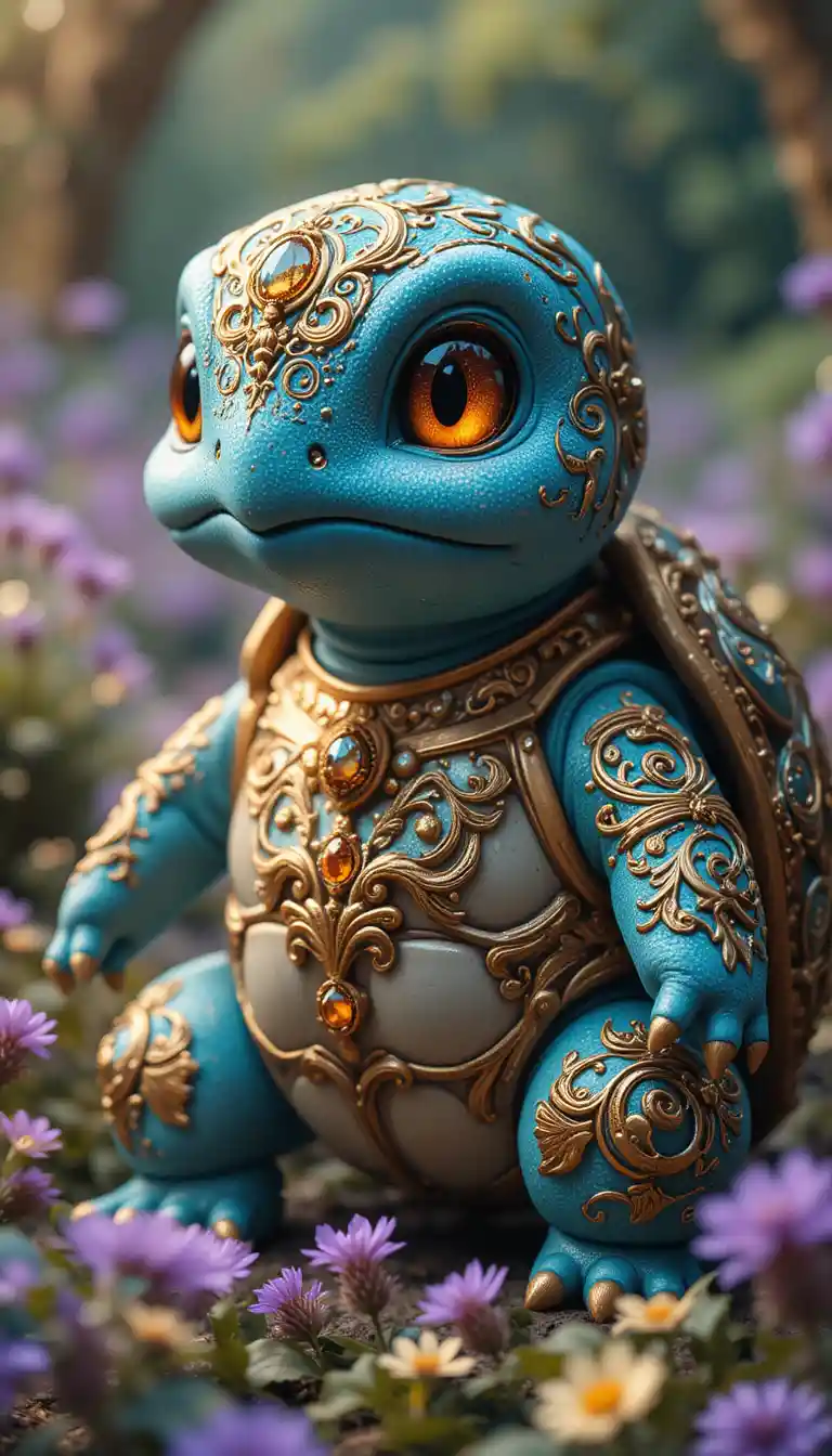 Majestic cyan fantasy turtle with golden filigree in garden