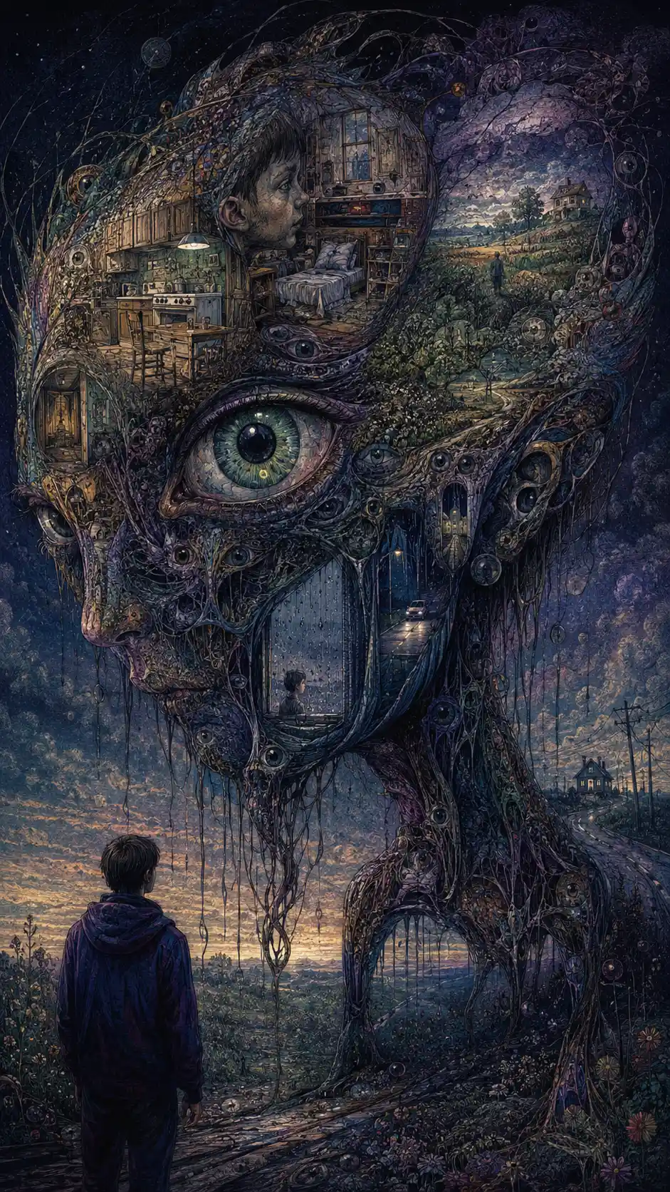 Criatura surreal de memórias fluentes em um interior silencioso