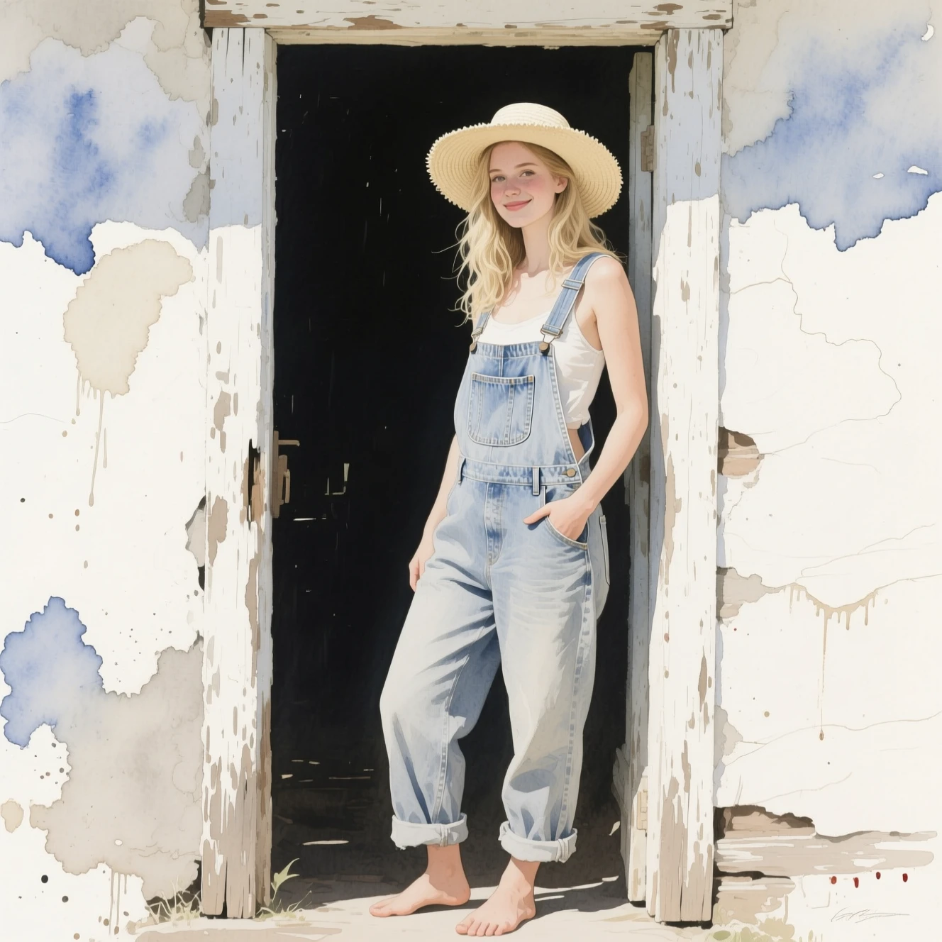 Young woman in denim overalls at a rustic doorway