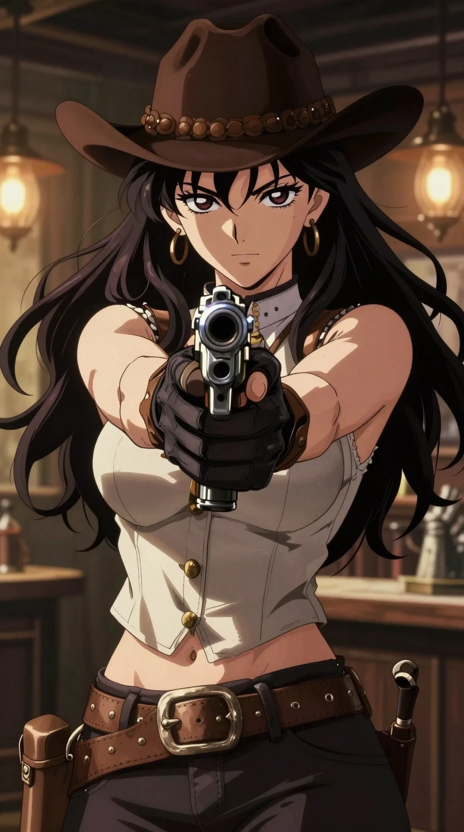 Anime-Cowgirl zielt mit Revolver im Saloon-Porträt