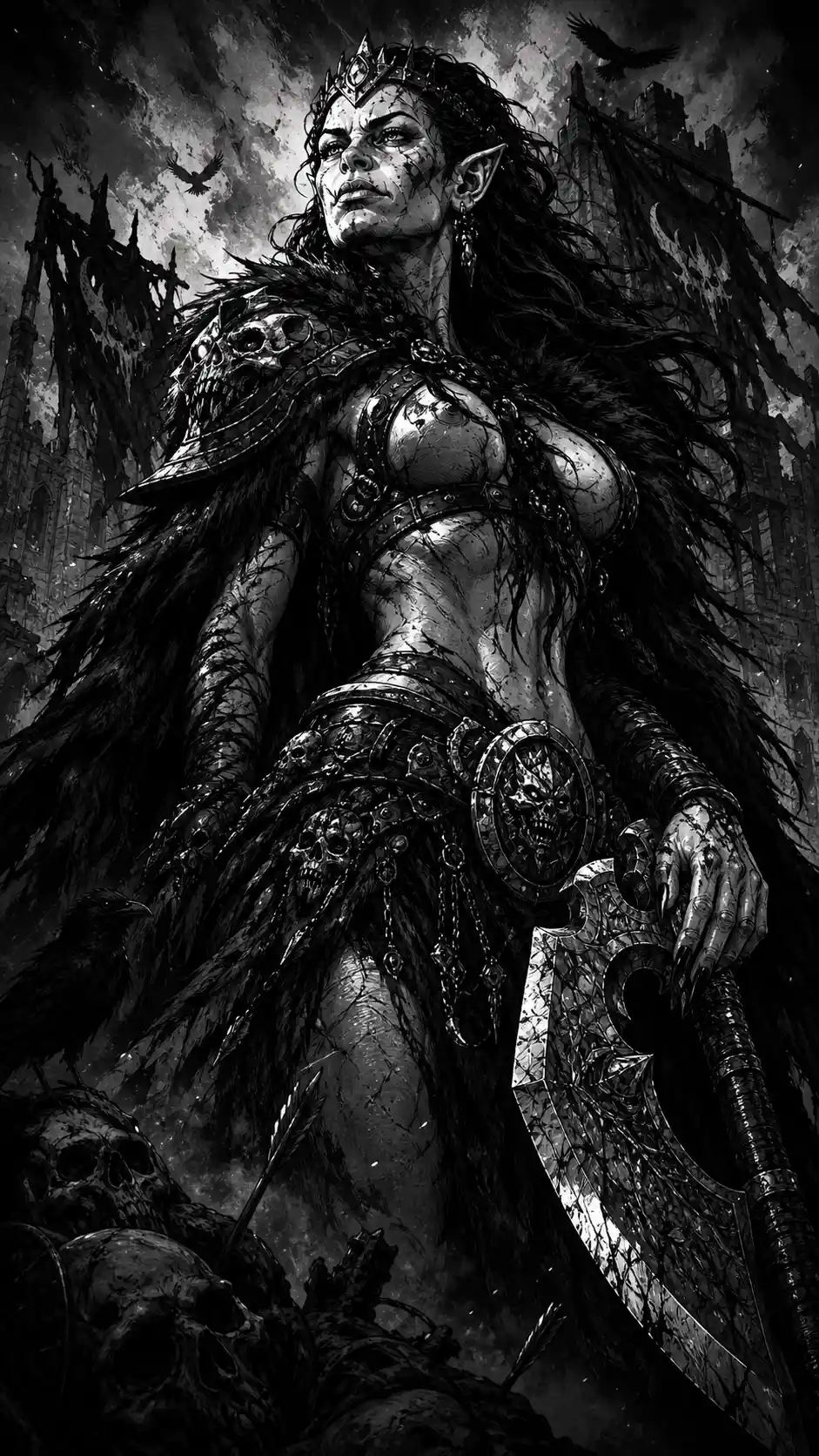 Angular black and white ink drawing with gothic chiaroscuro