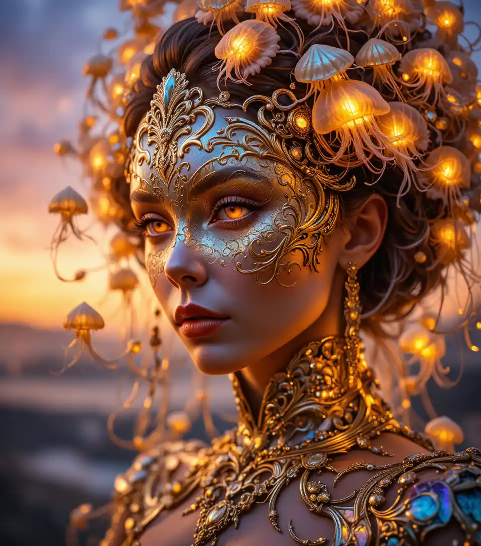 Mujer enmascarada con cabello de medusas luminosas bajo el cielo del atardecer