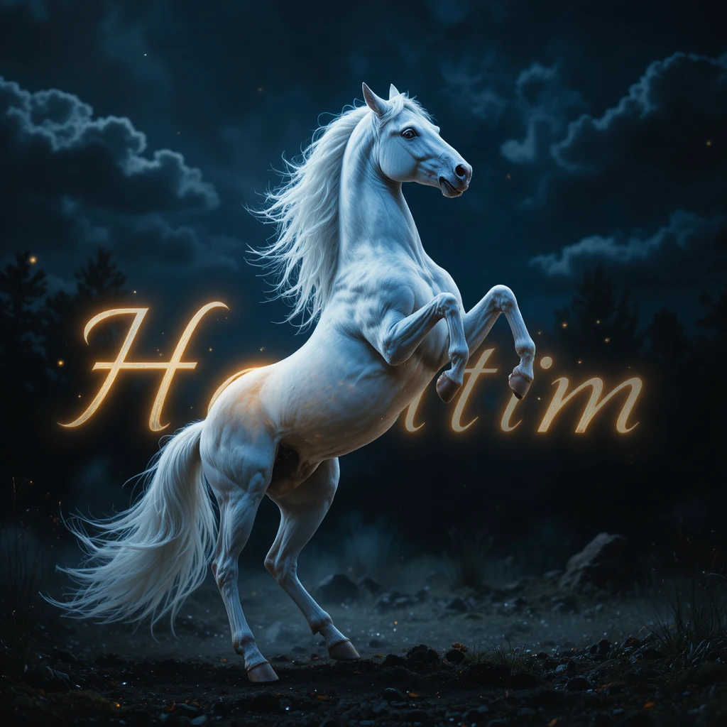 Caballo blanco encabritado bajo la palabra turca Hayatım iluminada por la luna