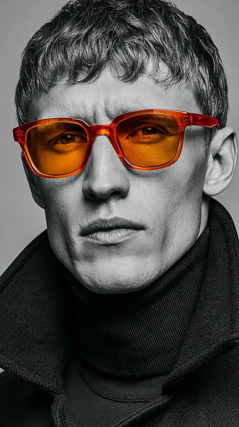 Monochrome fashion portrait with orange sunglasses focus