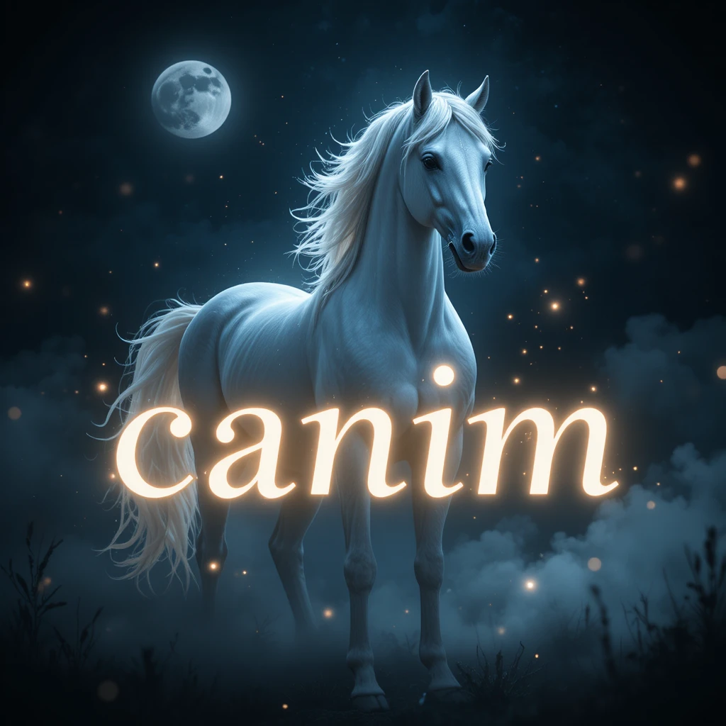 Caballo blanco romántico a la luz de la luna con texto luminoso "canim"