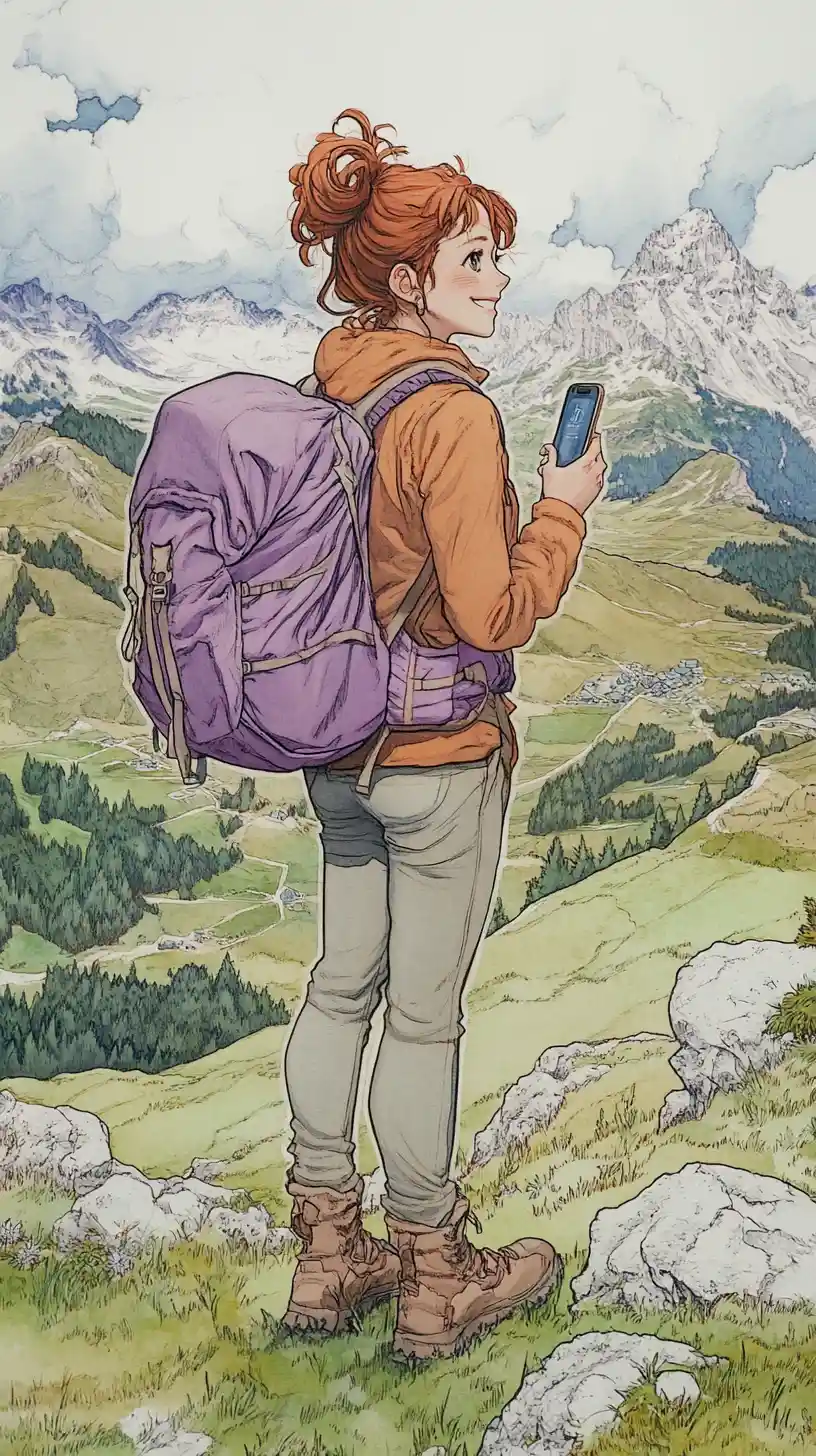 Shy anime hiker girl smiling on an Austrian mountain pasture