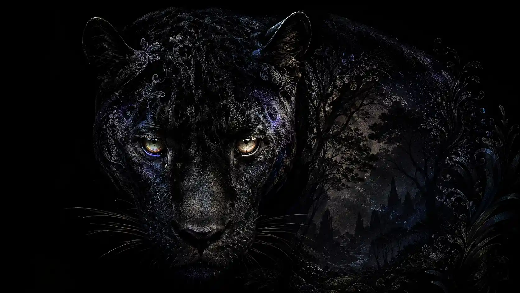 Black panther portrait emerging from darkness with glowing eyes