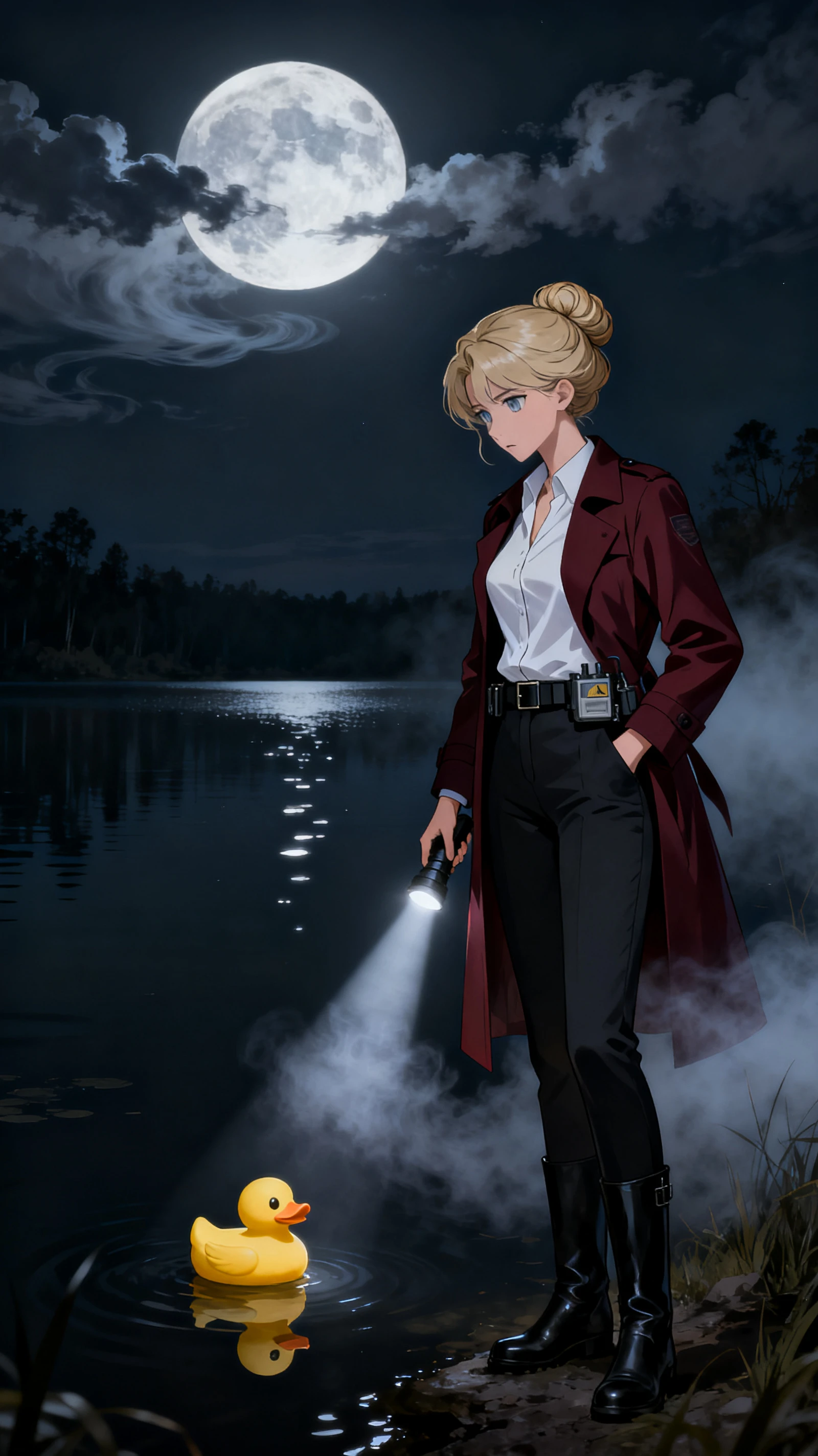 Detective femenina junto a un lago a la luz de la luna con un pato de goma