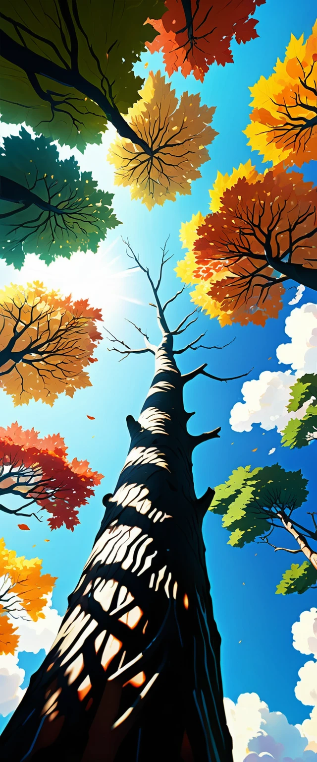 Anime tree canopy seen from a dramatic worms eye view