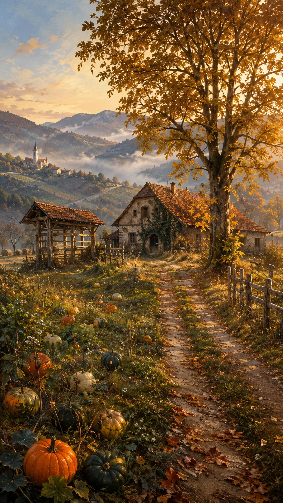 Autumn pumpkin field in the Slovenian countryside at sunset