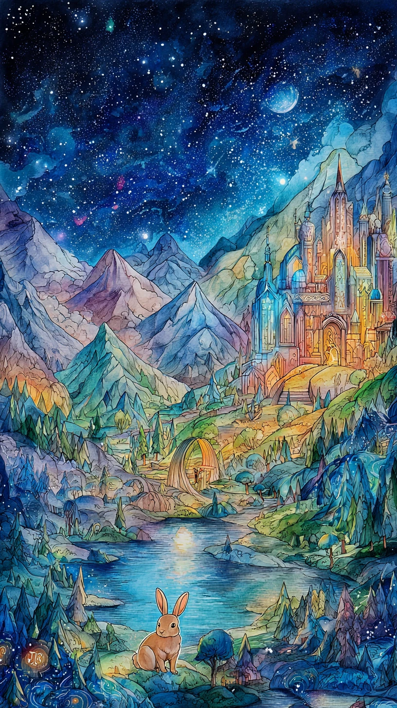 Fröhliches Kaninchen in leuchtender fantastischer Nachtlandschaft