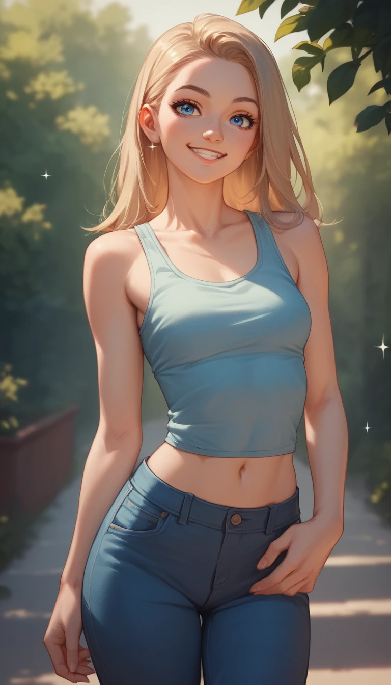 Chica escolar de anime con brillantes ojos azules en atuendo casual