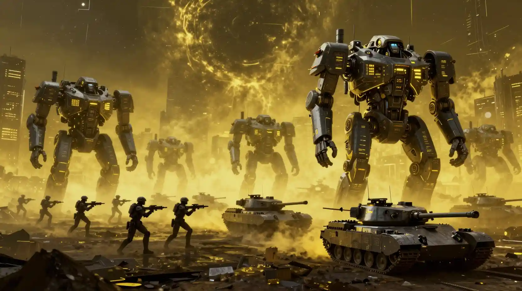Futuristic super soldiers and mechs patrol a ruined neon city