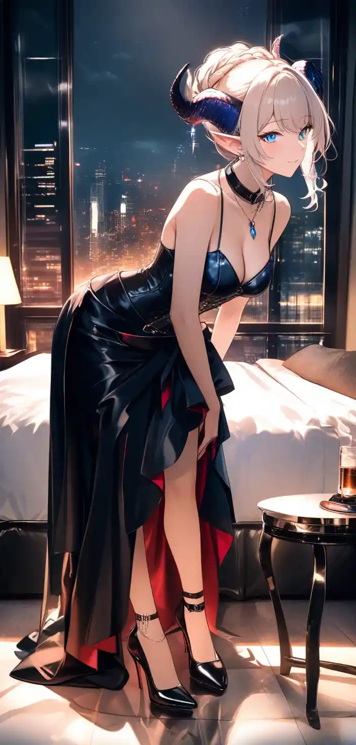Elegante mujer tiefling posando en una suite de hotel moderna