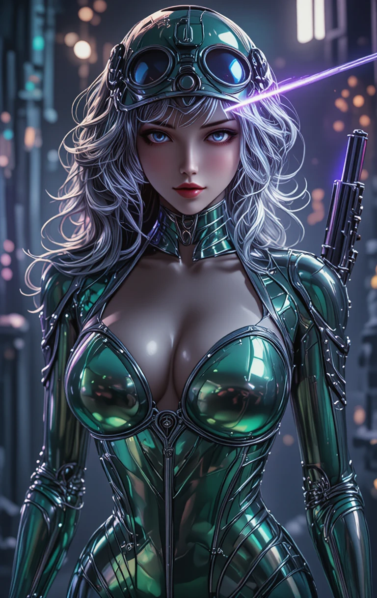 Mujer cyborg futurista con traje metálico y pistola láser