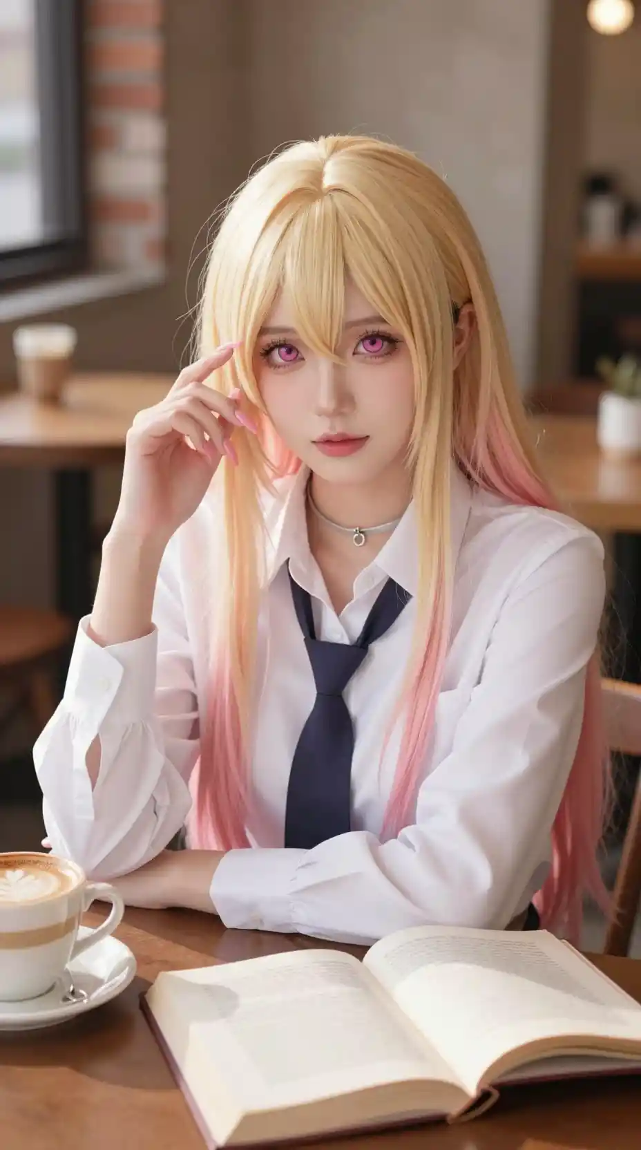 Chica rubia en un café con libros y comida sobre la mesa