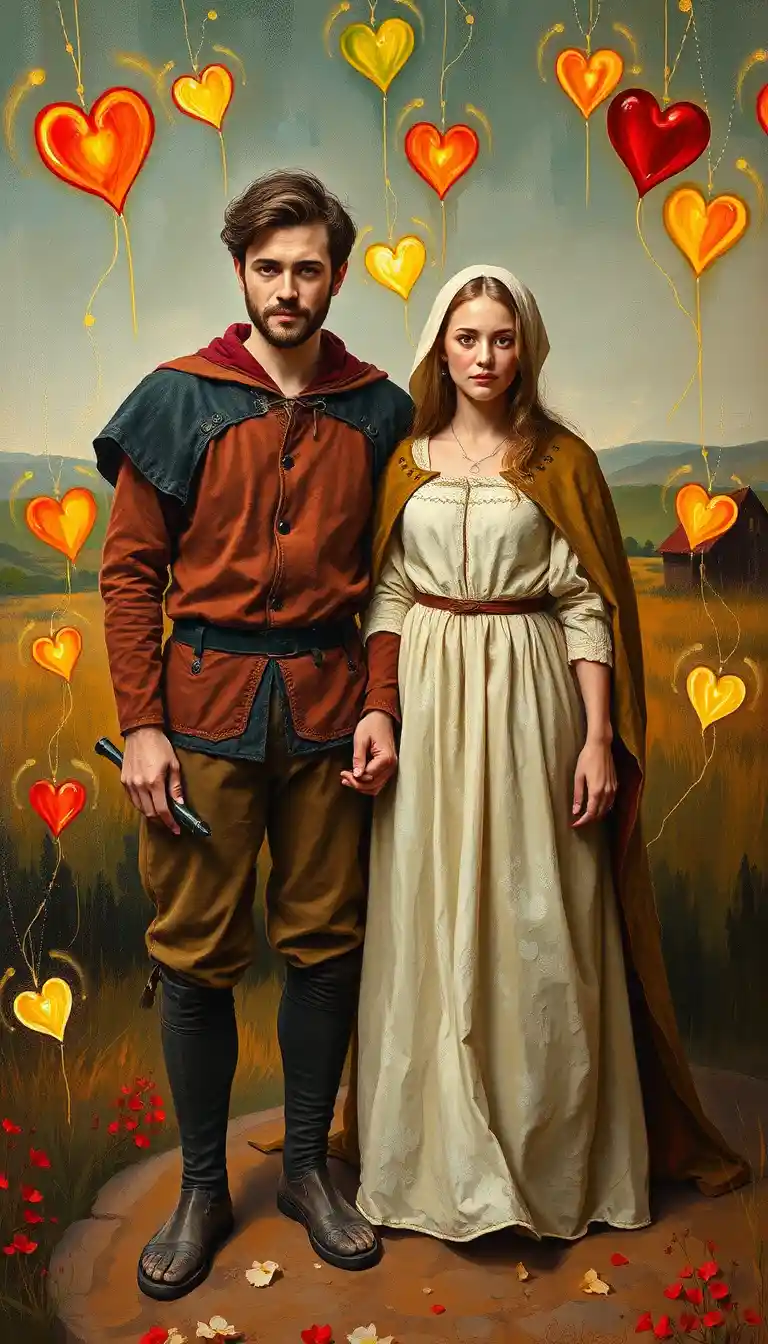 Medieval peasant couple in close loving embrace portrait
