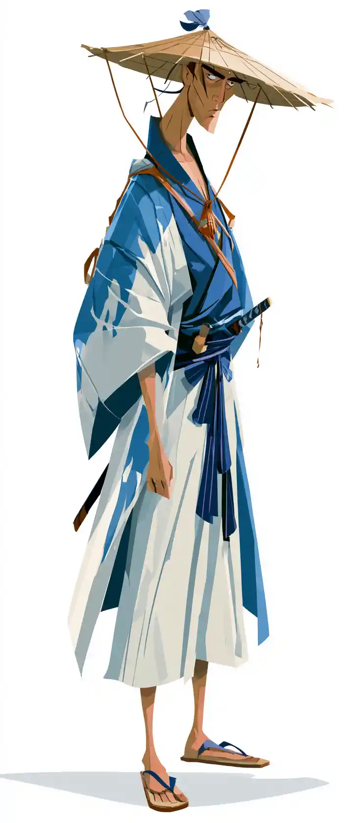Guerreiro samurai em desenho animado com manto azul e branco e chapéu de palha