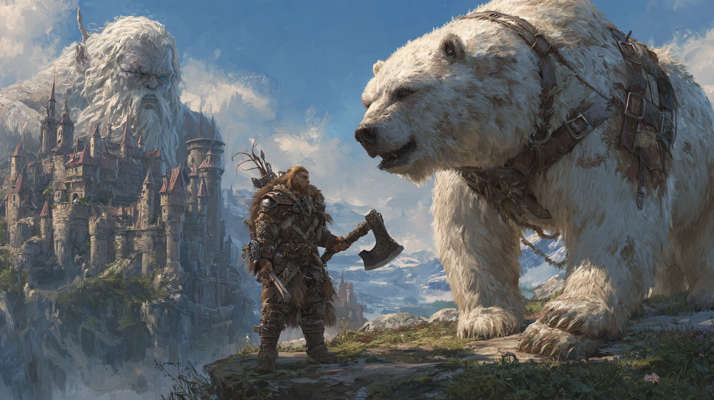 Barbarian And Armored War Bear In Frozen Mountain North