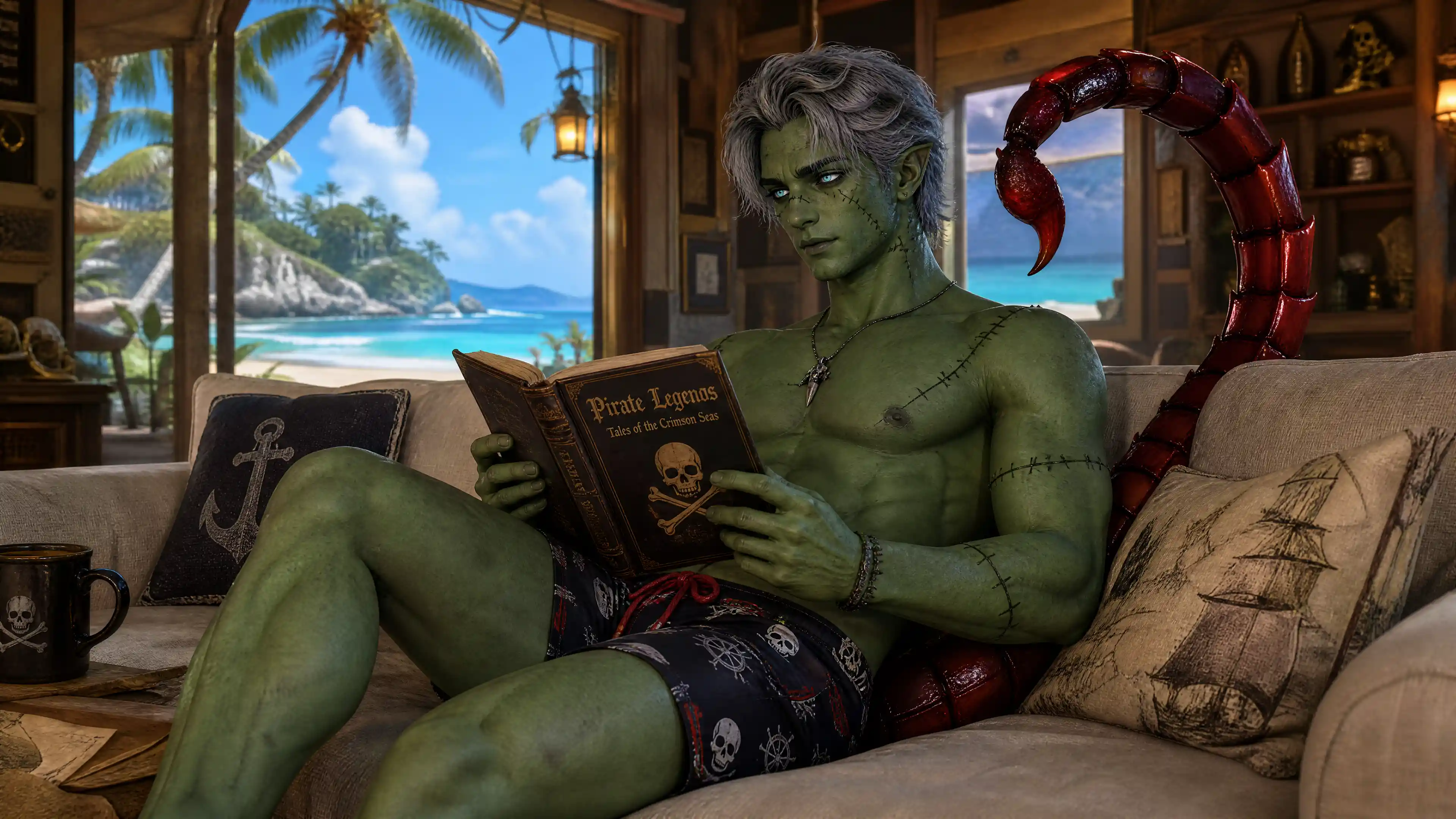 Green ghoul reading a pirate book in beach cabin