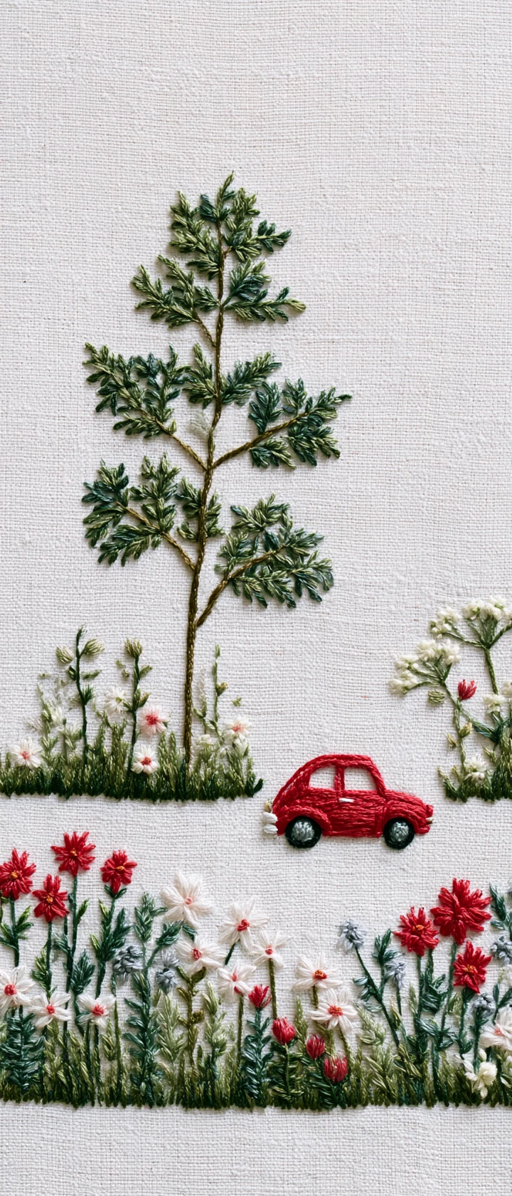 Coche rojo minimalista bordado con árbol y flores