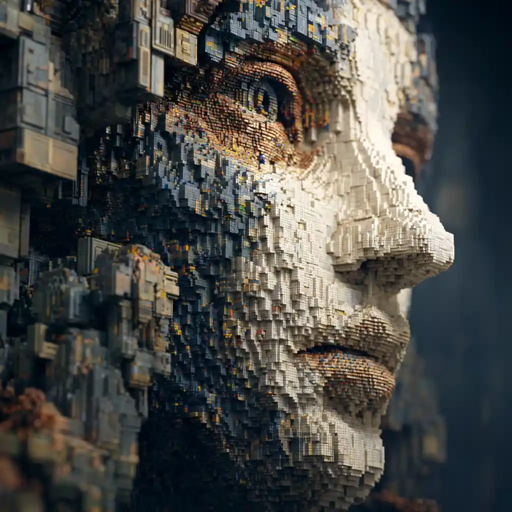Surreal cube built female face with tiny workers