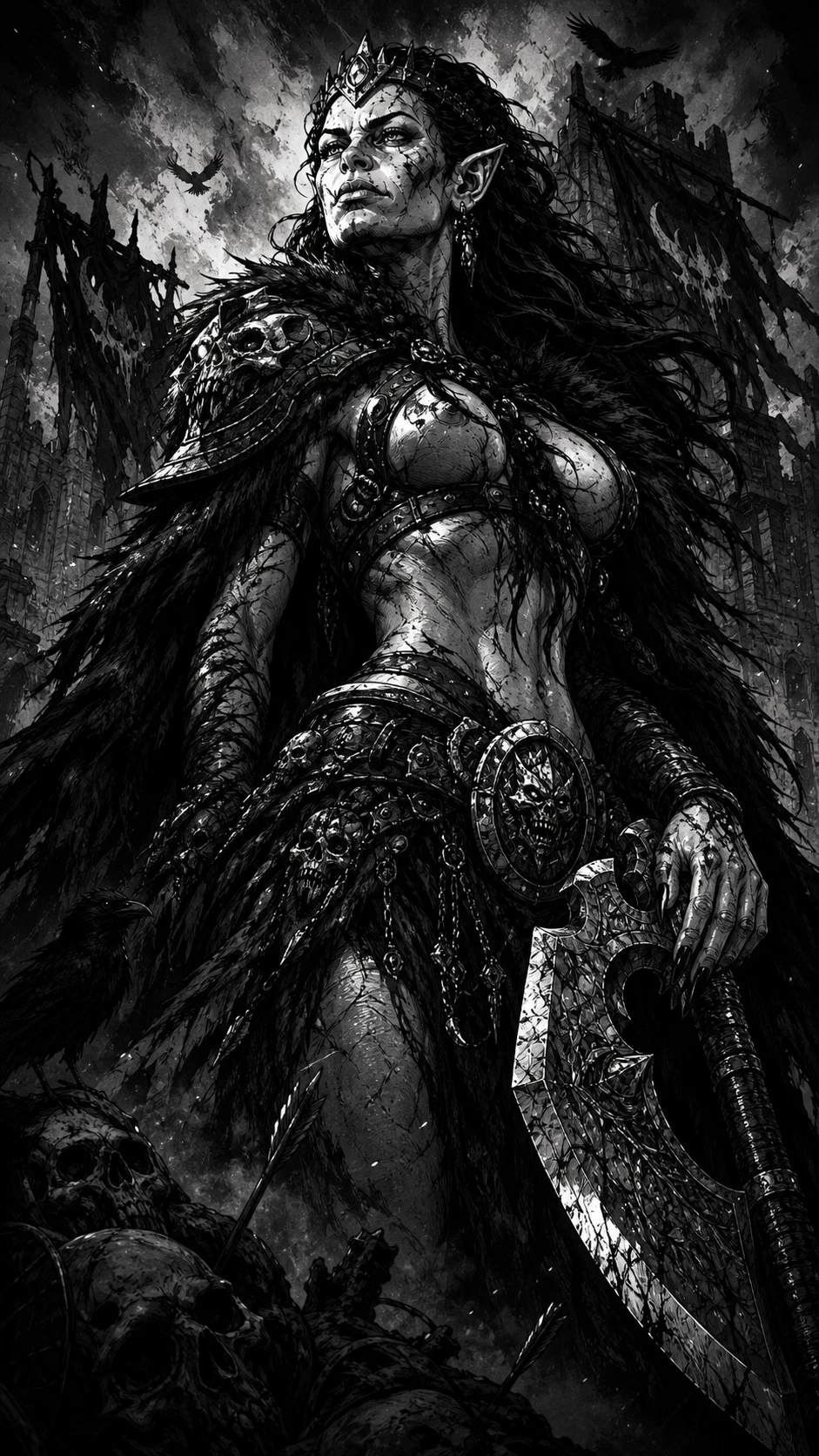 고딕 키아로스쿠로가 돋보이는 각진 흑백 잉크 드로잉