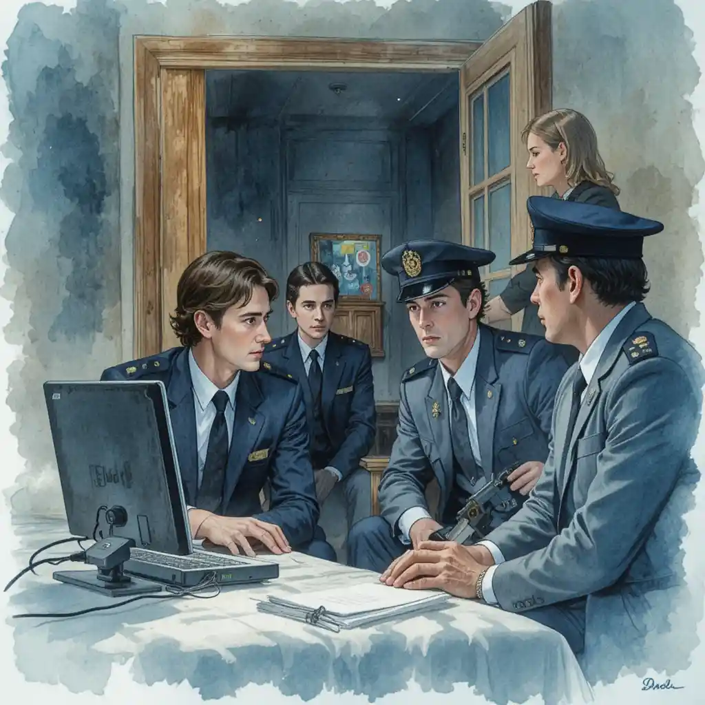 Polizeibeamte sehen sich Überwachungsaufnahmen auf einem Computerbildschirm an