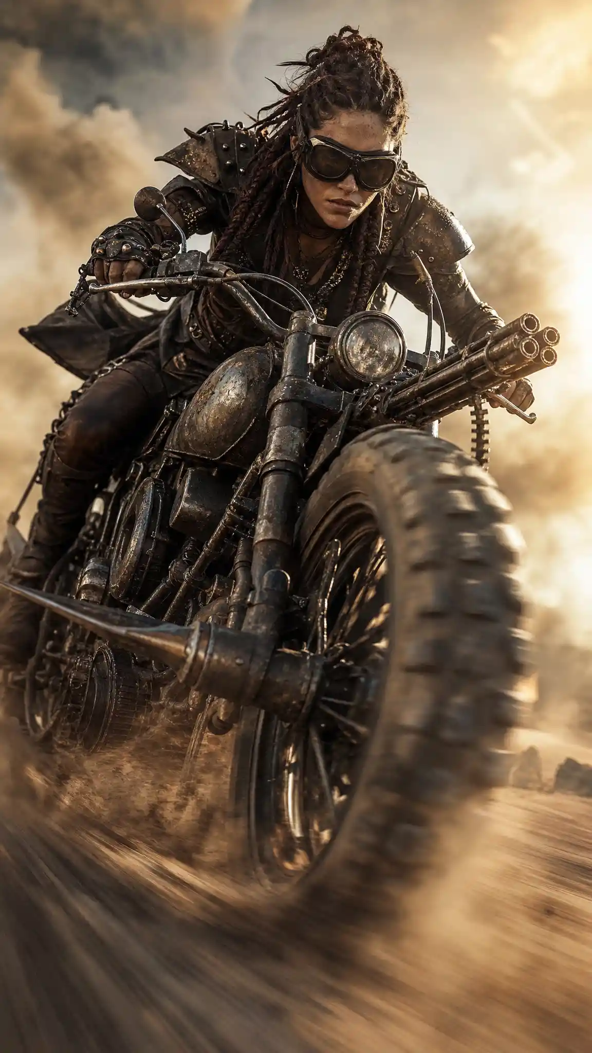 Biker post-apocalittica in corsa attraverso una landa polverosa
