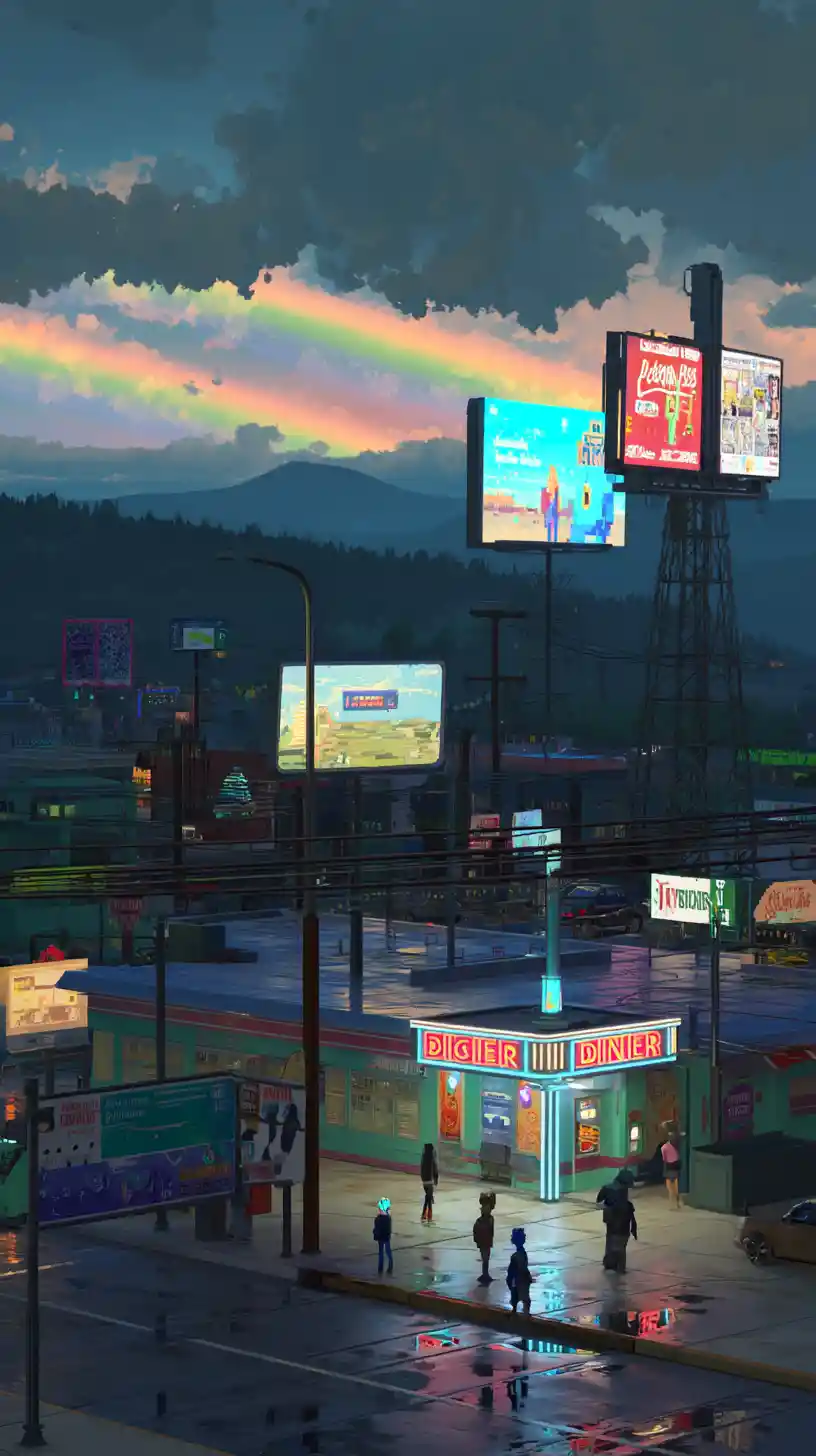 Escena de cafetería píxel neo retro al atardecer urbano dramático