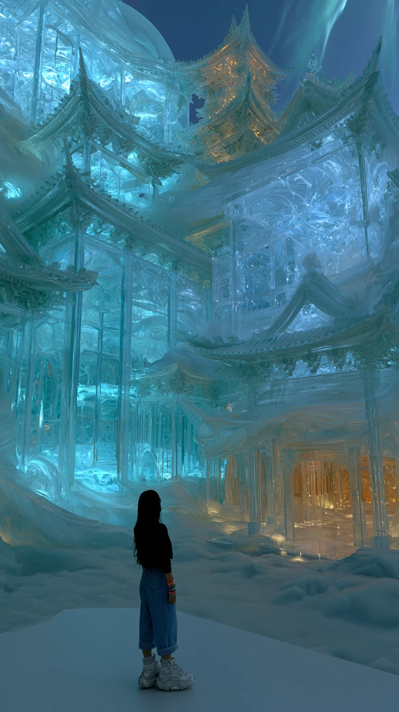 Figura solitaria frente a un vasto palacio celestial de cristal