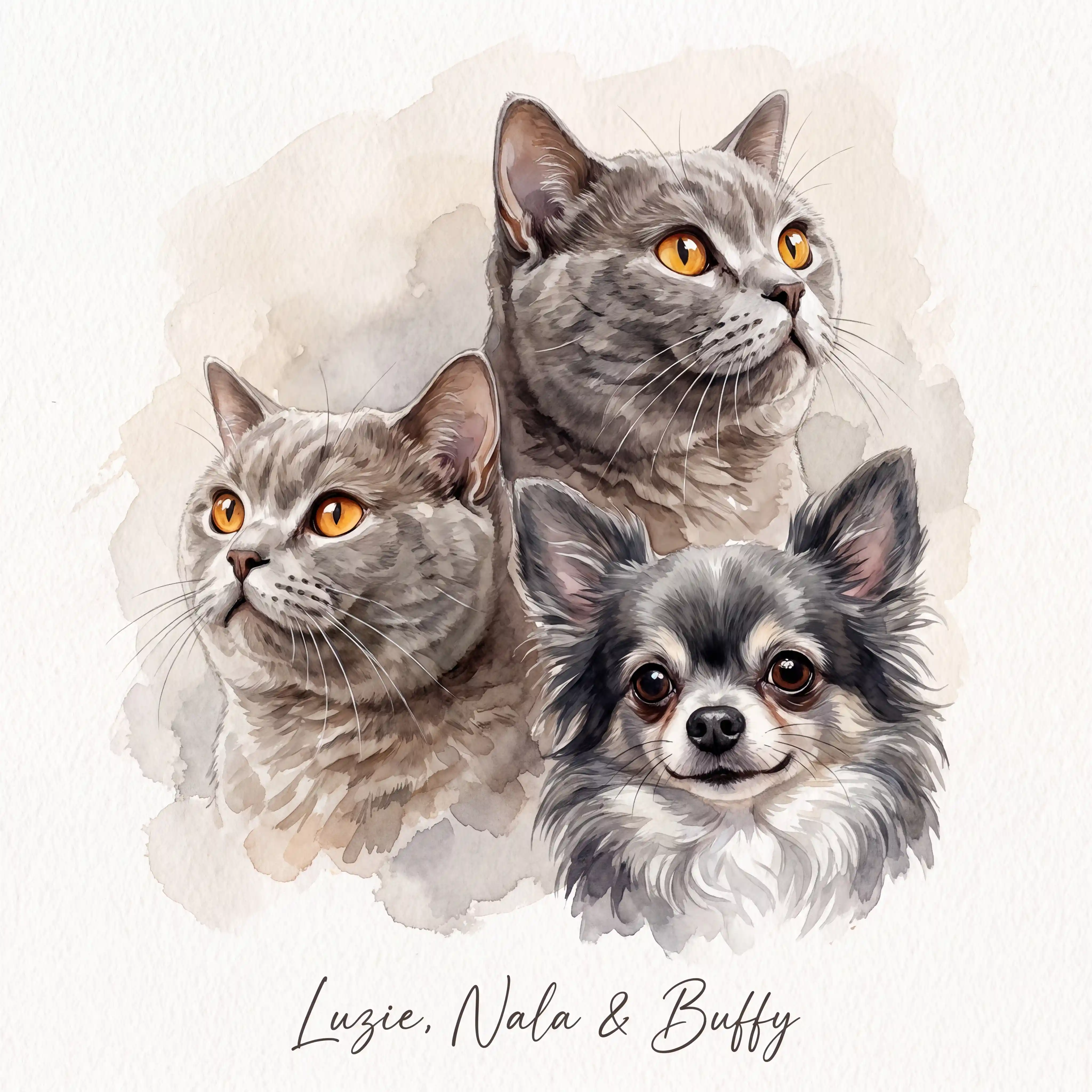 Retrato en acuarela de tres gatos cariñosos en un suave estilo de arte fine art