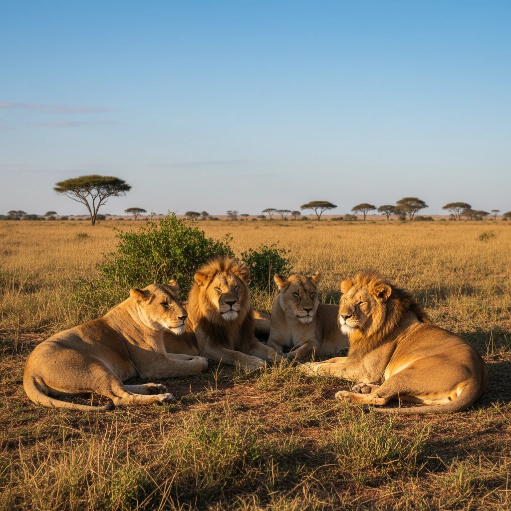 Leones descansando juntos bajo la cálida luz dorada de la sabana