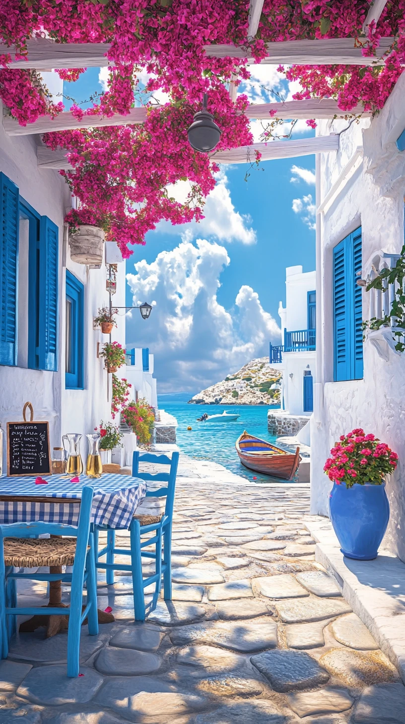 Sunlit Greek seaside taverna on a narrow stone promenade