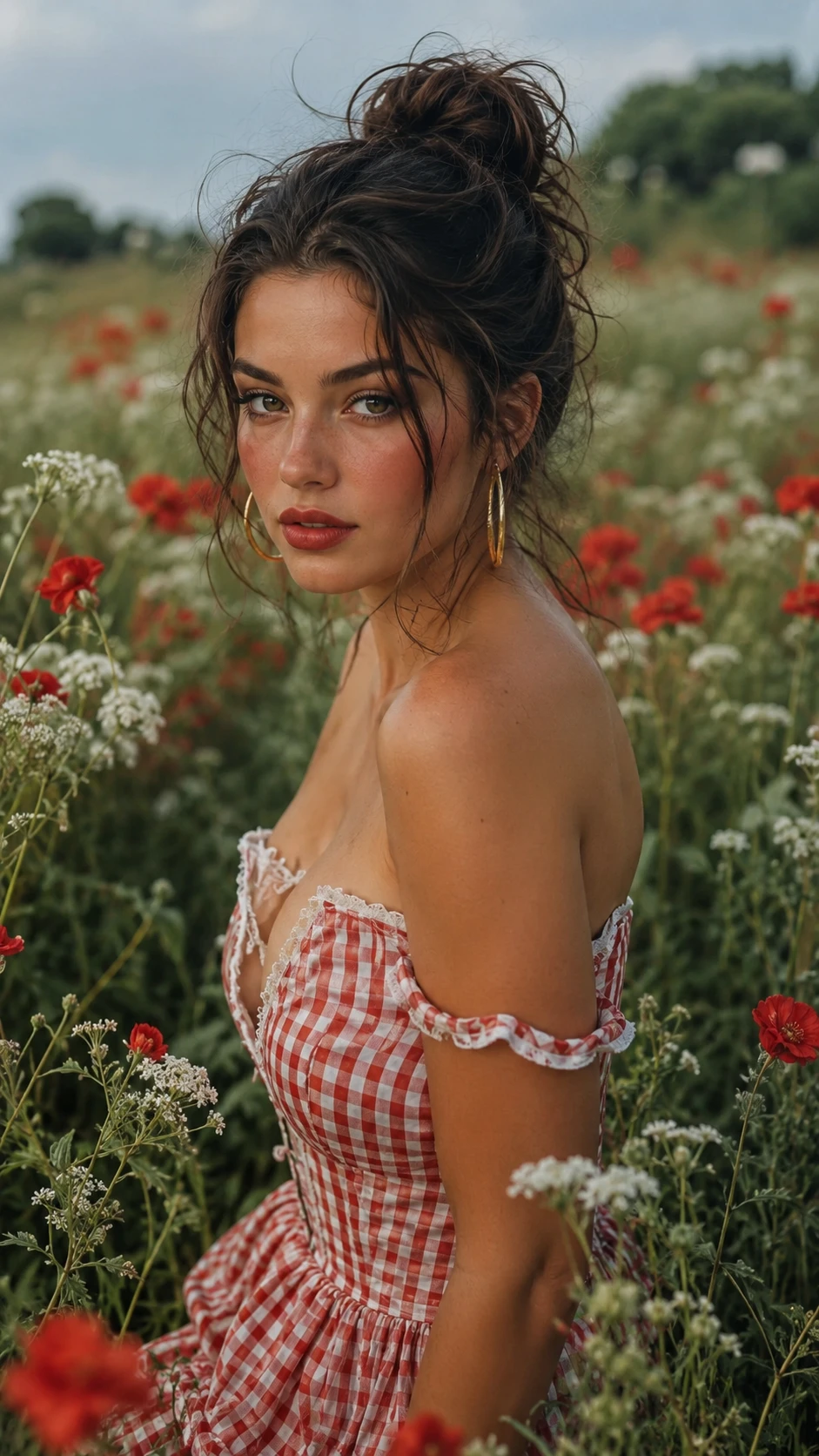 Retrato de moda de joven en campo de flores silvestres