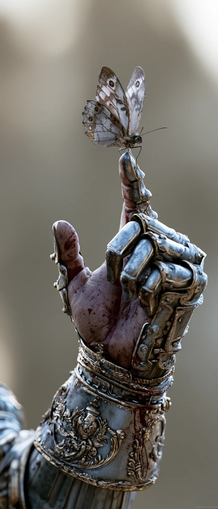 Armored knight hand with butterfly landing on fingertip