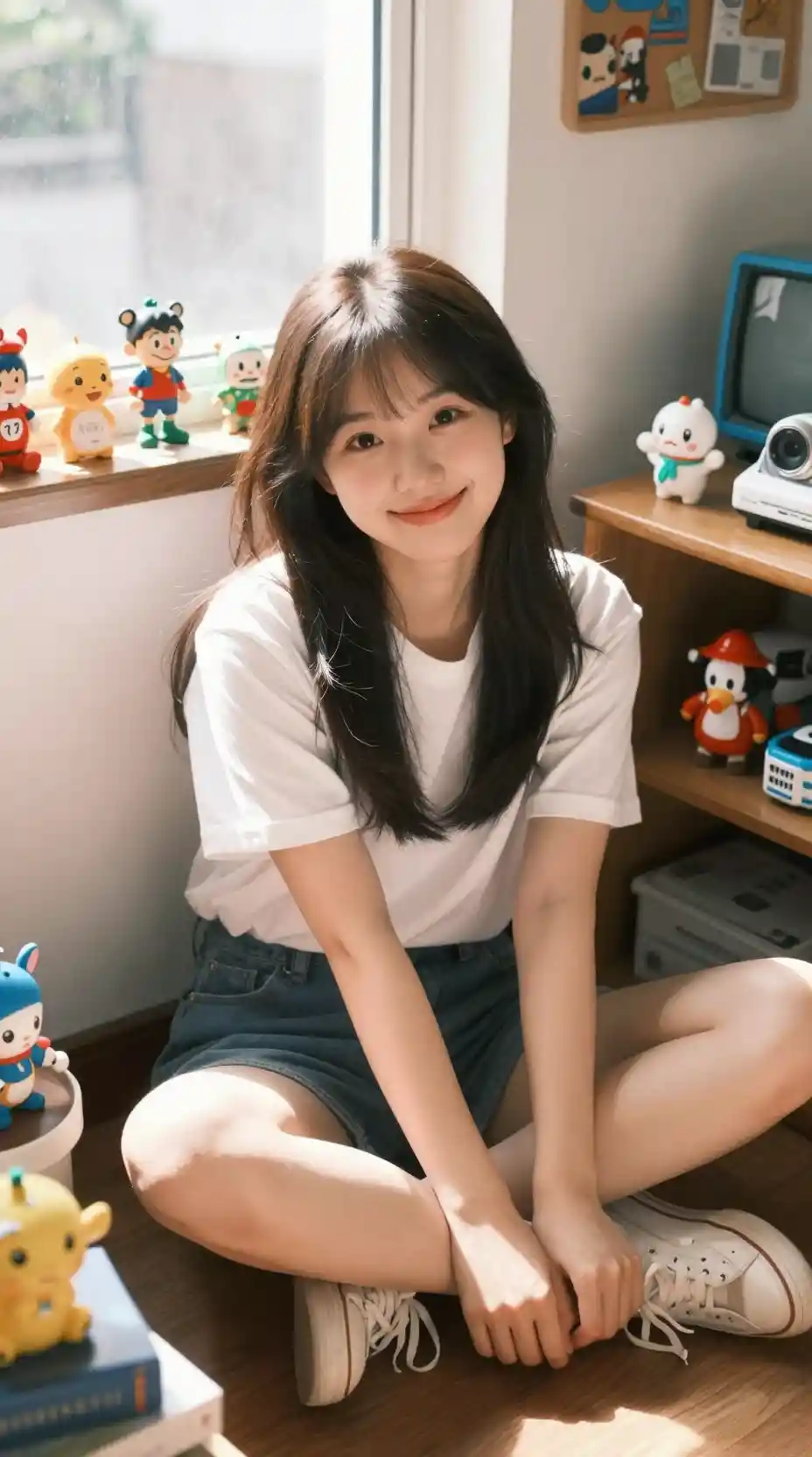 Smiling girl in a sunlit otaku themed bedroom