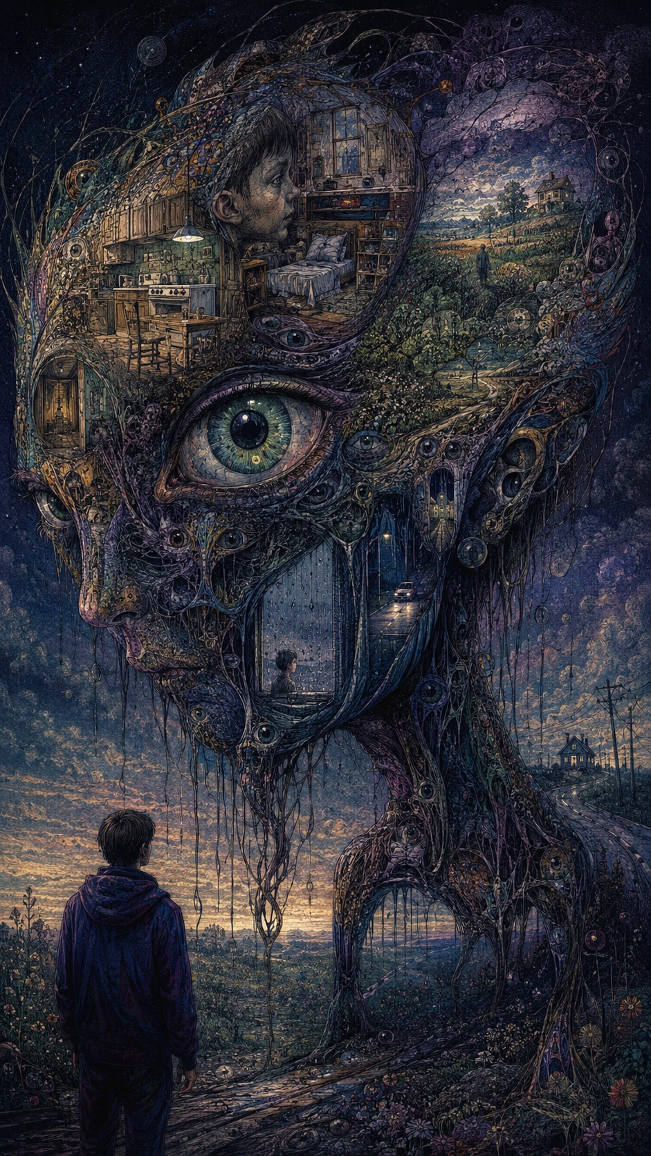 Criatura surreal de memórias fluentes em um interior silencioso