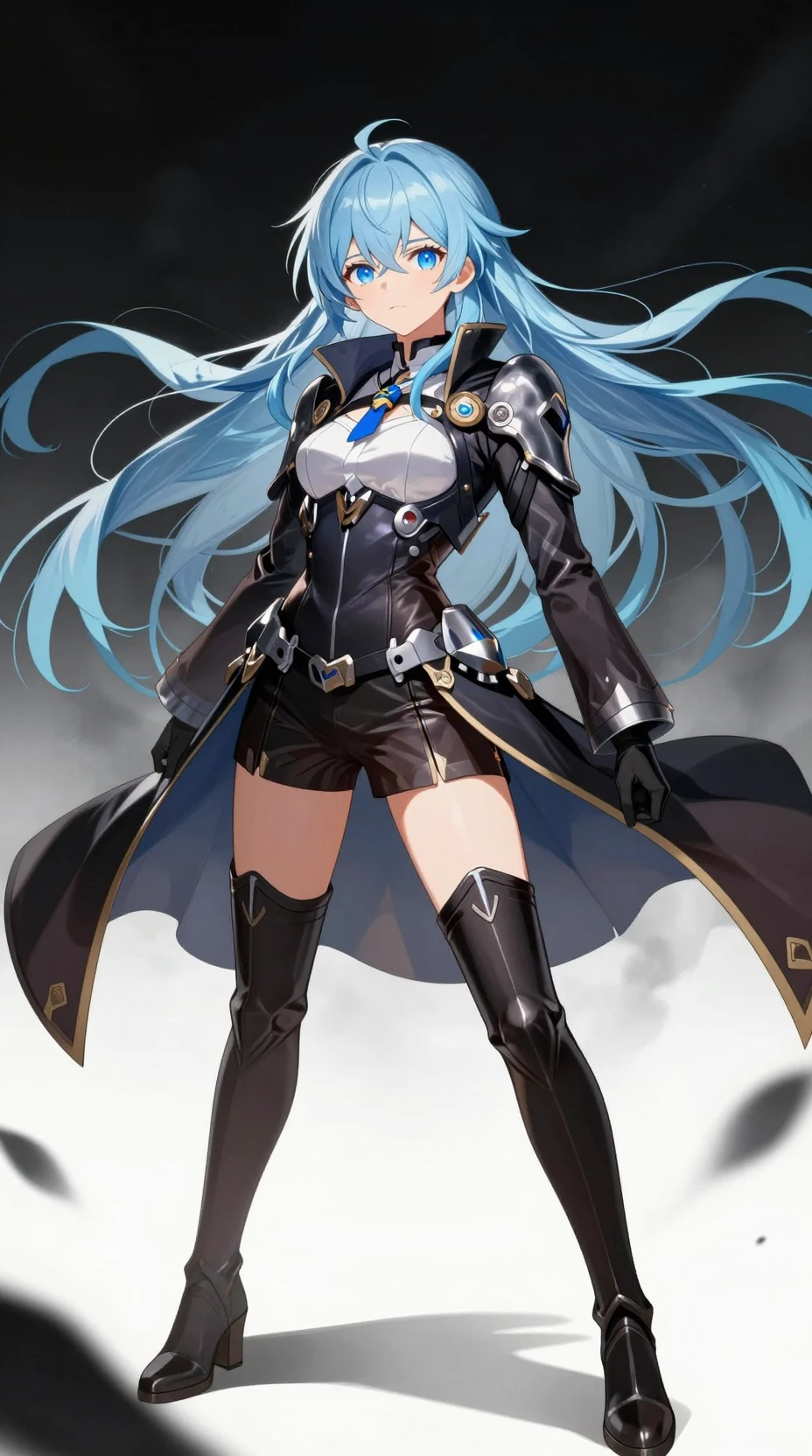 Selbstbewusste Anime-Heldin im eleganten gepanzerten Bodysuit und Mantel